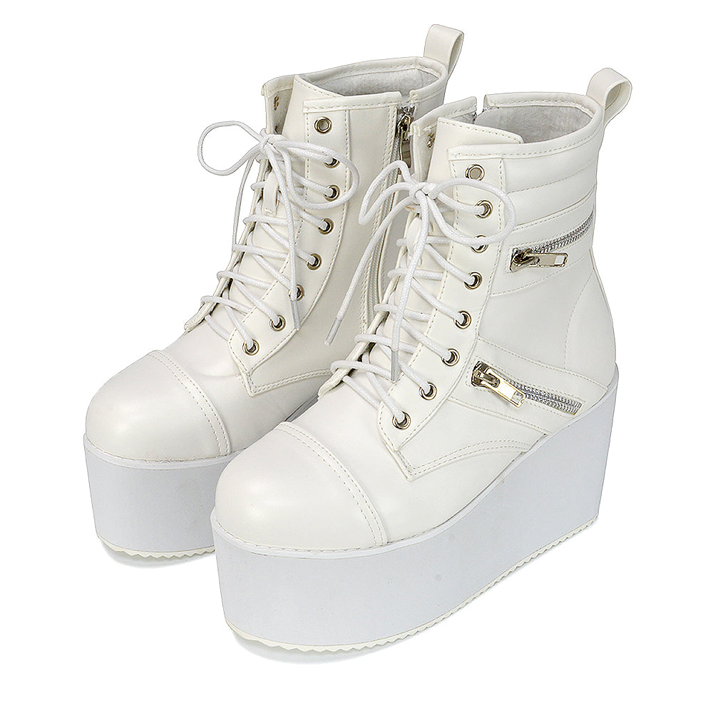 Ophelia Lace up Wedge Heeled Platform Ankle Boots in White Synthetic Leather