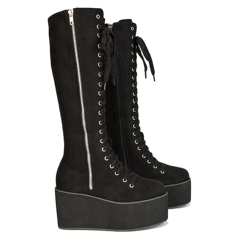 Kalani Platform Knee High Boots Lace Up Goth With Deco Zip In Black Vegan Synthetic Leather