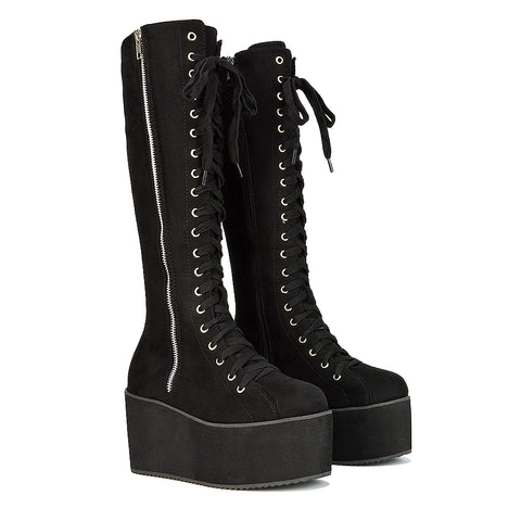 Kalani Platform Knee High Boots Lace Up Goth With Deco Zip In Black Vegan Synthetic Leather