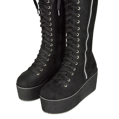 Kalani Platform Knee High Boots Lace Up Goth With Deco Zip In Black Vegan Synthetic Leather