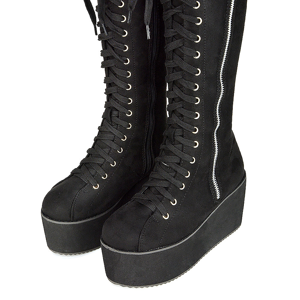 Kalani Platform Knee High Boots Lace Up Goth With Deco Zip In Black Vegan Faux Suede