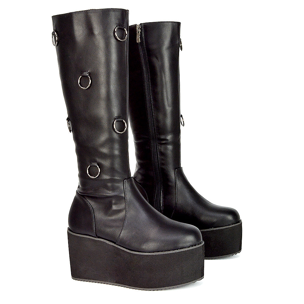 Keegan Goth Boots Chunky Platform Mid Calf Knee High Vegan Friendly In Black Synthetic Leather