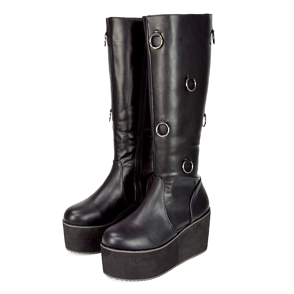 Keegan Goth Boots Chunky Platform Mid Calf Knee High Vegan Friendly In Black Synthetic Leather