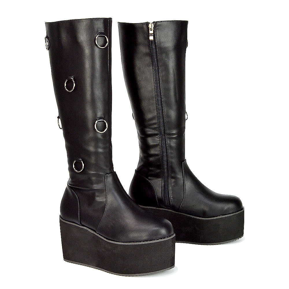 Keegan Goth Boots Chunky Platform Mid Calf Knee High Vegan Friendly In Black Synthetic Leather