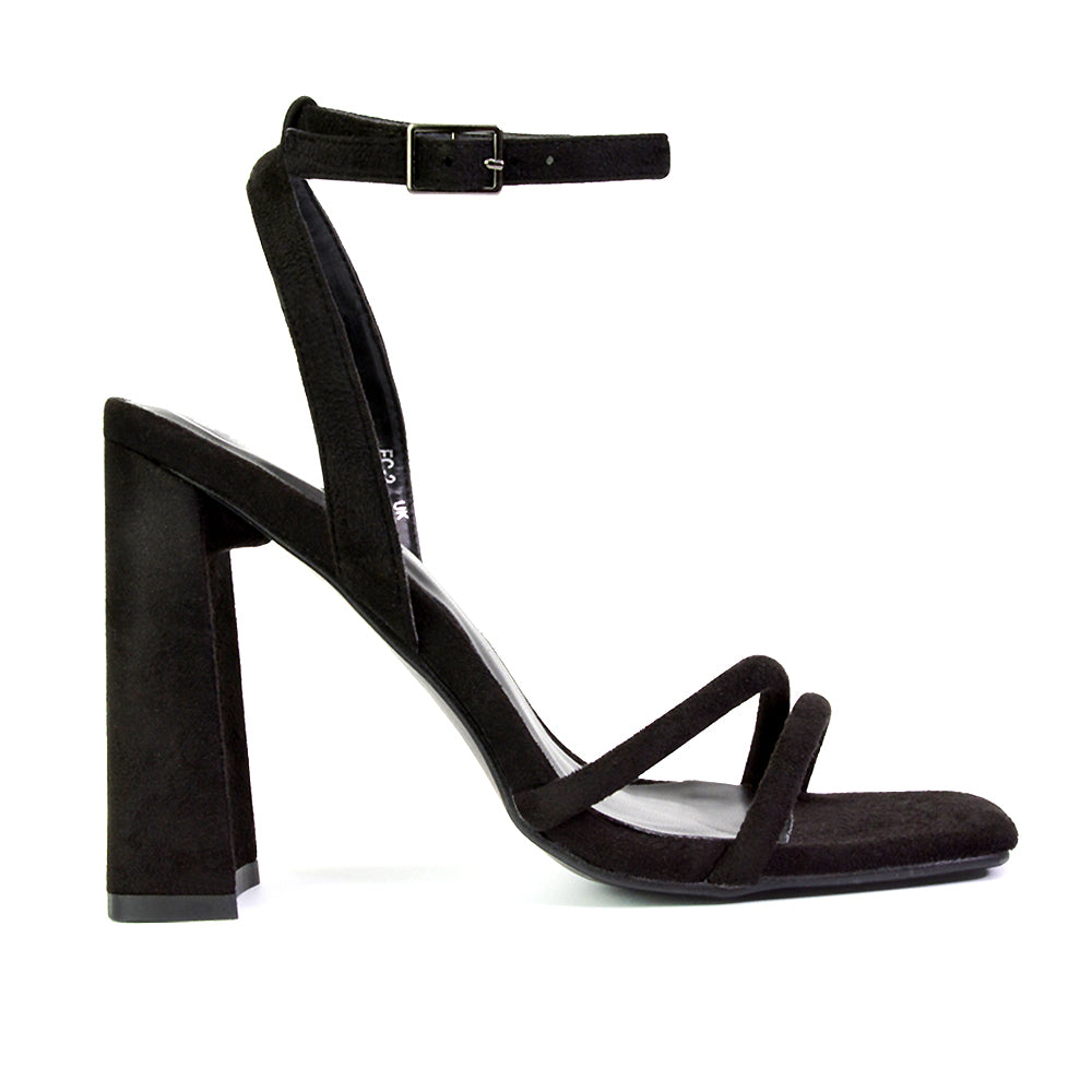 Sorbet Faux Suede Square Toe Strappy Block High Heel Sandals in Black