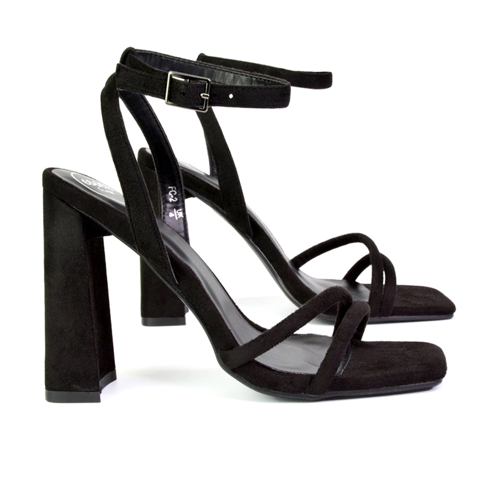 Sorbet Faux Suede Square Toe Strappy Block High Heel Sandals in Black