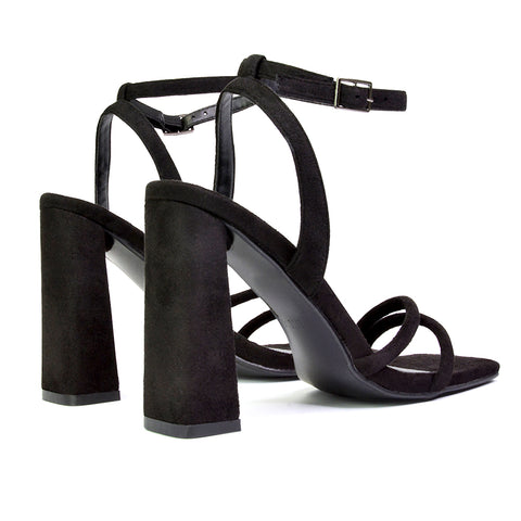 Sorbet Faux Suede Square Toe Strappy Block High Heel Sandals in Black