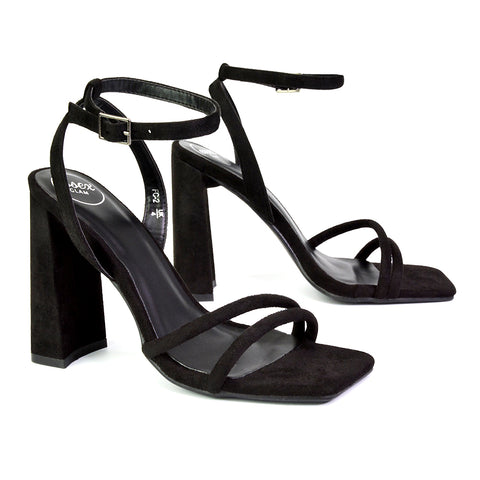 Sorbet Faux Suede Square Toe Strappy Block High Heel Sandals in Black