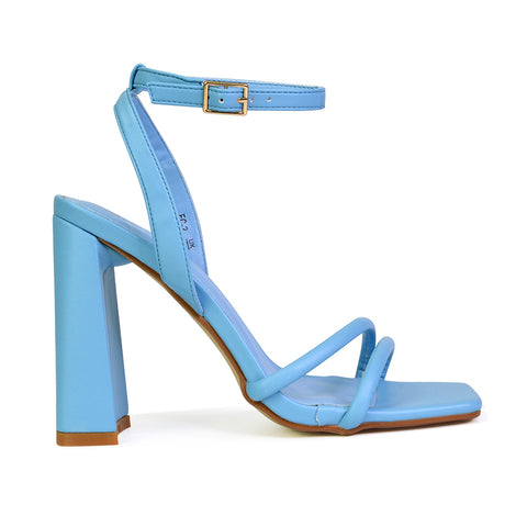 Sorbet Faux Suede Square Toe Strappy Block High Heel Sandals in Blue