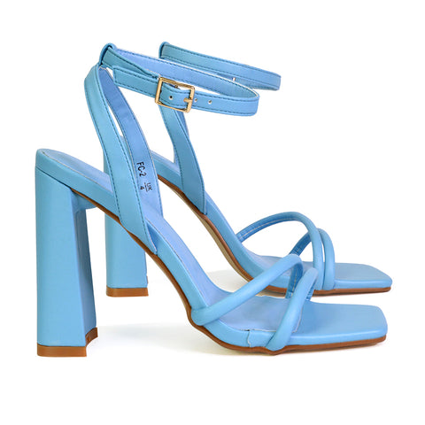 Sorbet Faux Suede Square Toe Strappy Block High Heel Sandals in Blue