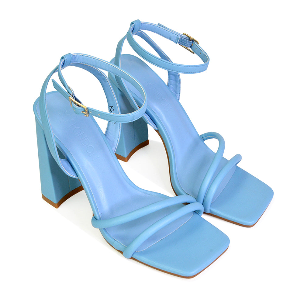 Sorbet Faux Suede Square Toe Strappy Block High Heel Sandals in Blue