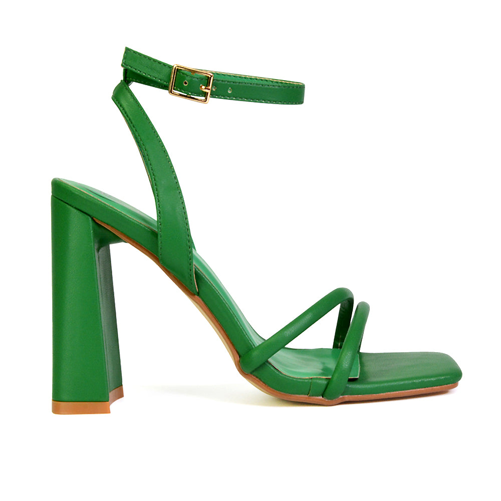 Sorbet Faux Suede Square Toe Strappy Block High Heel Sandals in Green