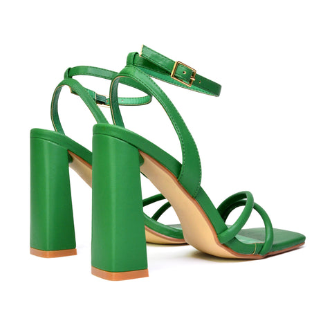 Sorbet Faux Suede Square Toe Strappy Block High Heel Sandals in Green