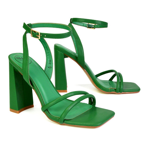 Sorbet Faux Suede Square Toe Strappy Block High Heel Sandals in Green