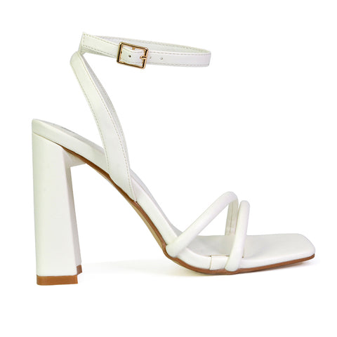 Sorbet Faux Suede Square Toe Strappy Block High Heel Sandals in White
