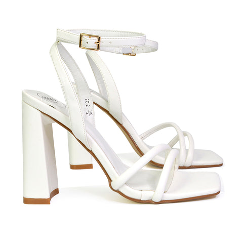 Sorbet Faux Suede Square Toe Strappy Block High Heel Sandals in White