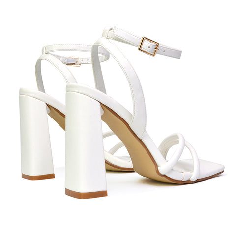 Sorbet Faux Suede Square Toe Strappy Block High Heel Sandals in White