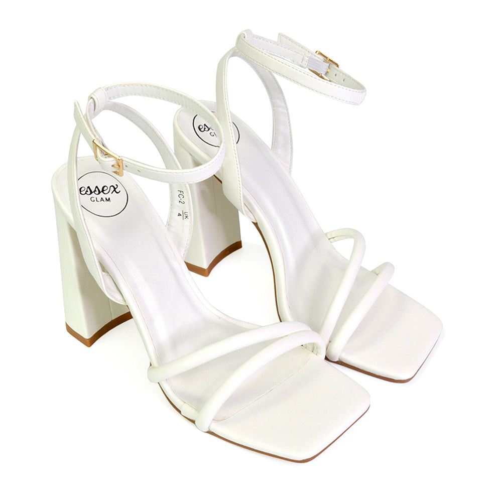 Sorbet Faux Suede Square Toe Strappy Block High Heel Sandals in White