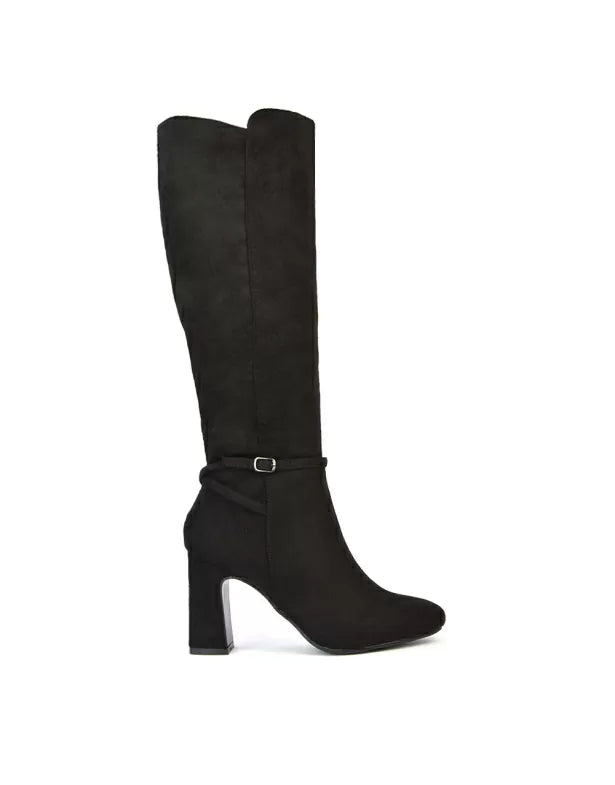 Olly Buckle Zip Up Block Mid Heel Knee High Boots in Black Faux Suede