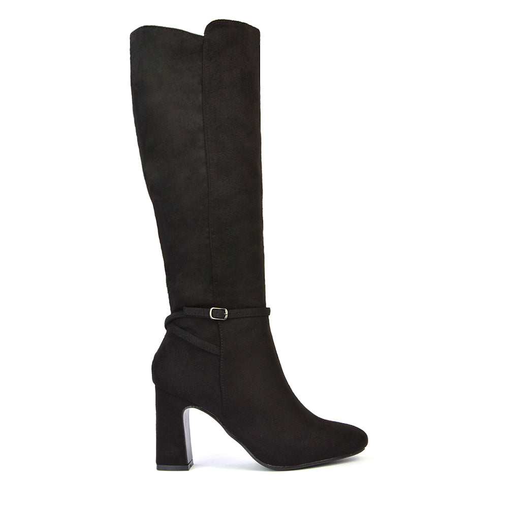 Olly Buckle Zip Up Block Mid Heel Knee High Boots in Black Synthetic Leather