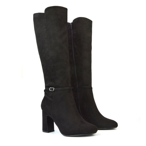 Olly Buckle Zip Up Block Mid Heel Knee High Boots in Black Faux Suede