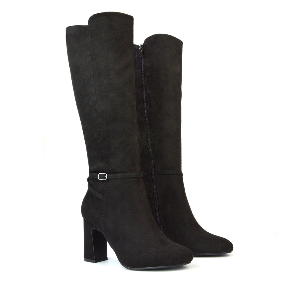 Olly Buckle Zip Up Block Mid Heel Knee High Boots in Black Synthetic Leather
