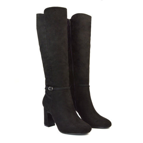 Olly Buckle Zip Up Block Mid Heel Knee High Boots in Black Synthetic Leather