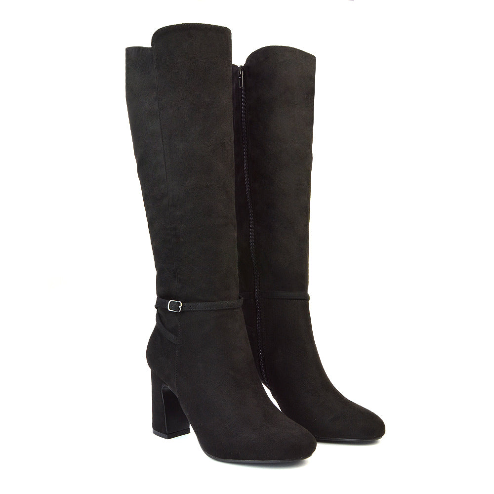 Olly Buckle Zip Up Block Mid Heel Knee High Boots in Black Faux Suede