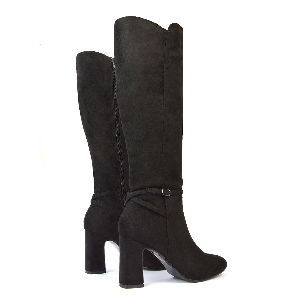 Olly Buckle Zip Up Block Mid Heel Knee High Boots in Black Faux Suede