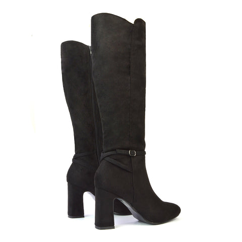 Olly Buckle Zip Up Block Mid Heel Knee High Boots in Black Faux Suede