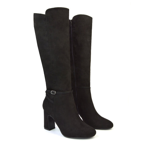 Olly Buckle Zip Up Block Mid Heel Knee High Boots in Black Synthetic Leather