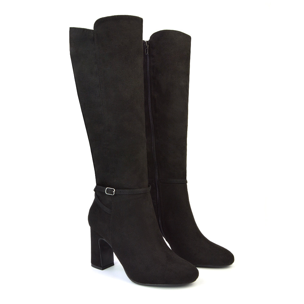 Olly Buckle Zip Up Block Mid Heel Knee High Boots in Black Synthetic Leather