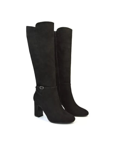 Olly Buckle Zip Up Block Mid Heel Knee High Boots in Black Faux Suede