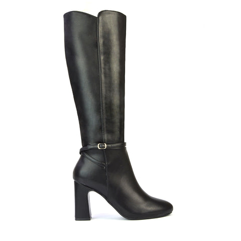 Olly Buckle Zip Up Block Mid Heel Knee High Boots in Black Synthetic Leather