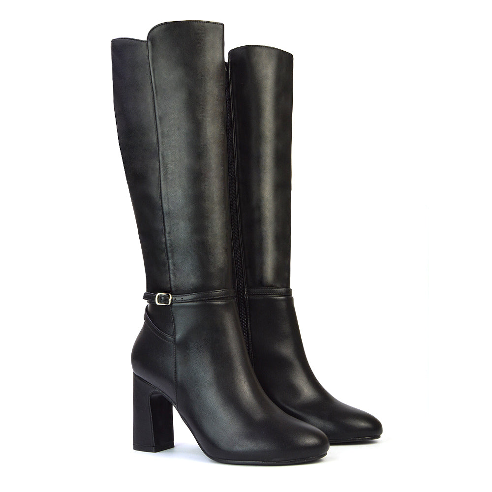 Olly Buckle Zip Up Block Mid Heel Knee High Boots in Black Synthetic Leather