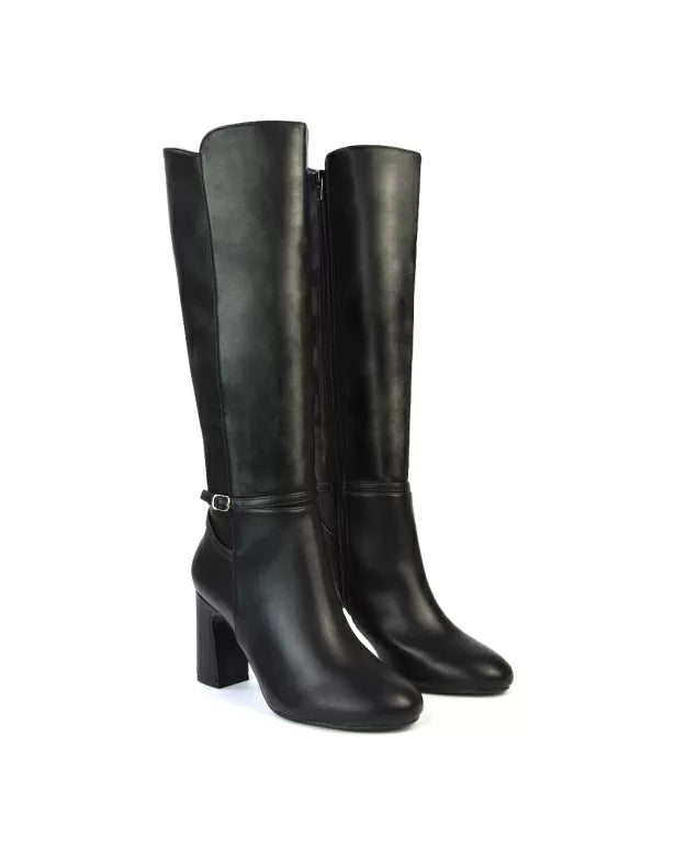 Olly Buckle Zip Up Block Mid Heel Knee High Boots in Black Faux Suede