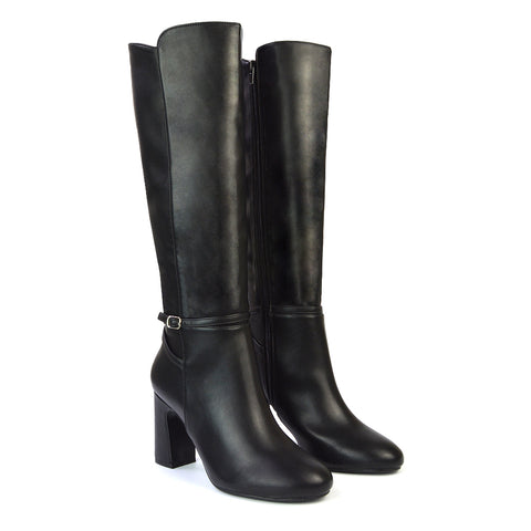 Olly Buckle Zip Up Block Mid Heel Knee High Boots in Black Faux Suede