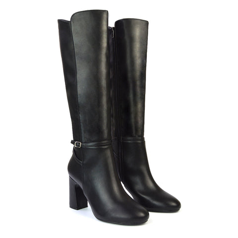 Olly Buckle Zip Up Block Mid Heel Knee High Boots in Black Synthetic Leather