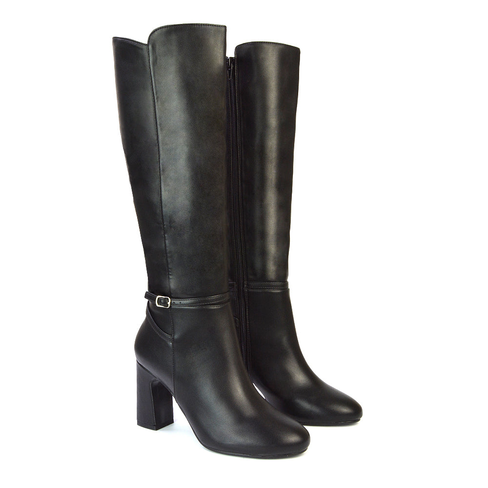 Olly Buckle Zip Up Block Mid Heel Knee High Boots in Black Faux Suede