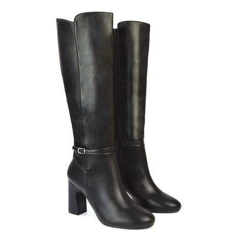 Olly Buckle Zip Up Block Mid Heel Knee High Boots in Black Synthetic Leather