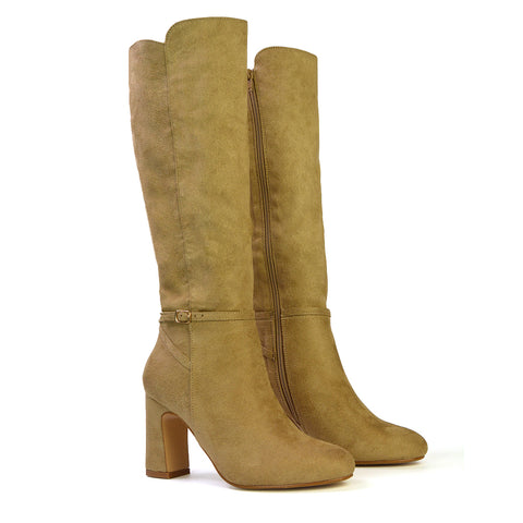 Olly Buckle Zip Up Block Mid Heel Knee High Boots in Tan Faux Suede