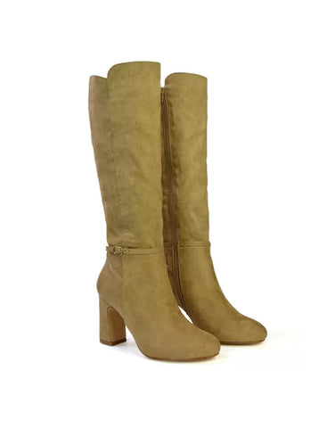 Olly Buckle Zip Up Block Mid Heel Knee High Boots in Tan Faux Suede