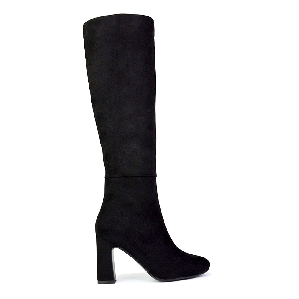 Lillia Winter Zip-up Long Block High Heel Knee High Boots in Black Faux Suede