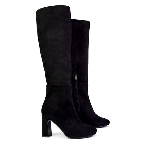 Lillia Winter Zip-up Long Block High Heel Knee High Boots in Black Synthetic Leather
