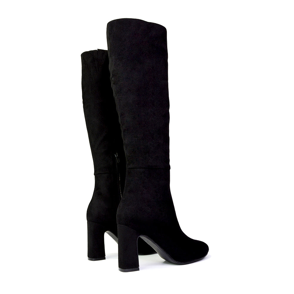 Lillia Winter Zip-up Long Block High Heel Knee High Boots in Black Synthetic Leather