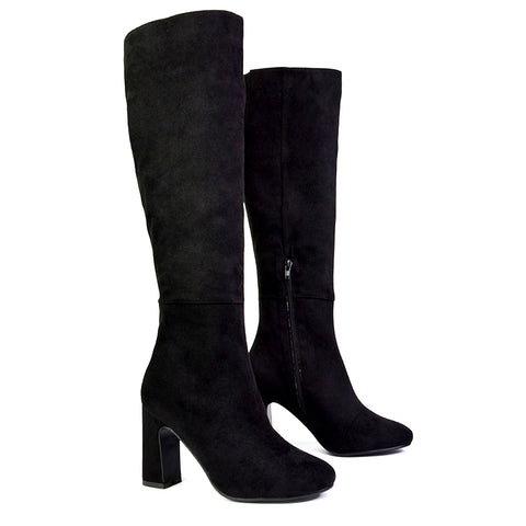 Lillia Winter Zip-up Long Block High Heel Knee High Boots in Black Faux Suede