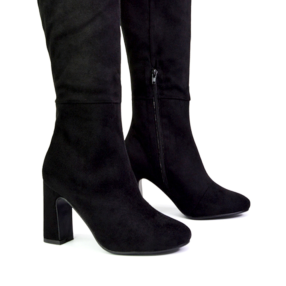 Lillia Winter Zip-up Long Block High Heel Knee High Boots in Black Faux Suede