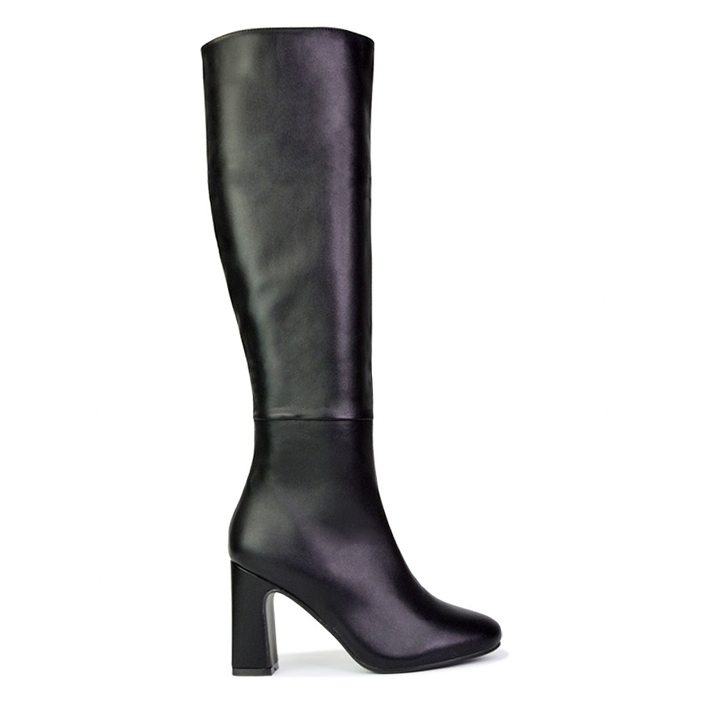 Lillia Winter Zip-up Long Block High Heel Knee High Boots in Black Synthetic Leather