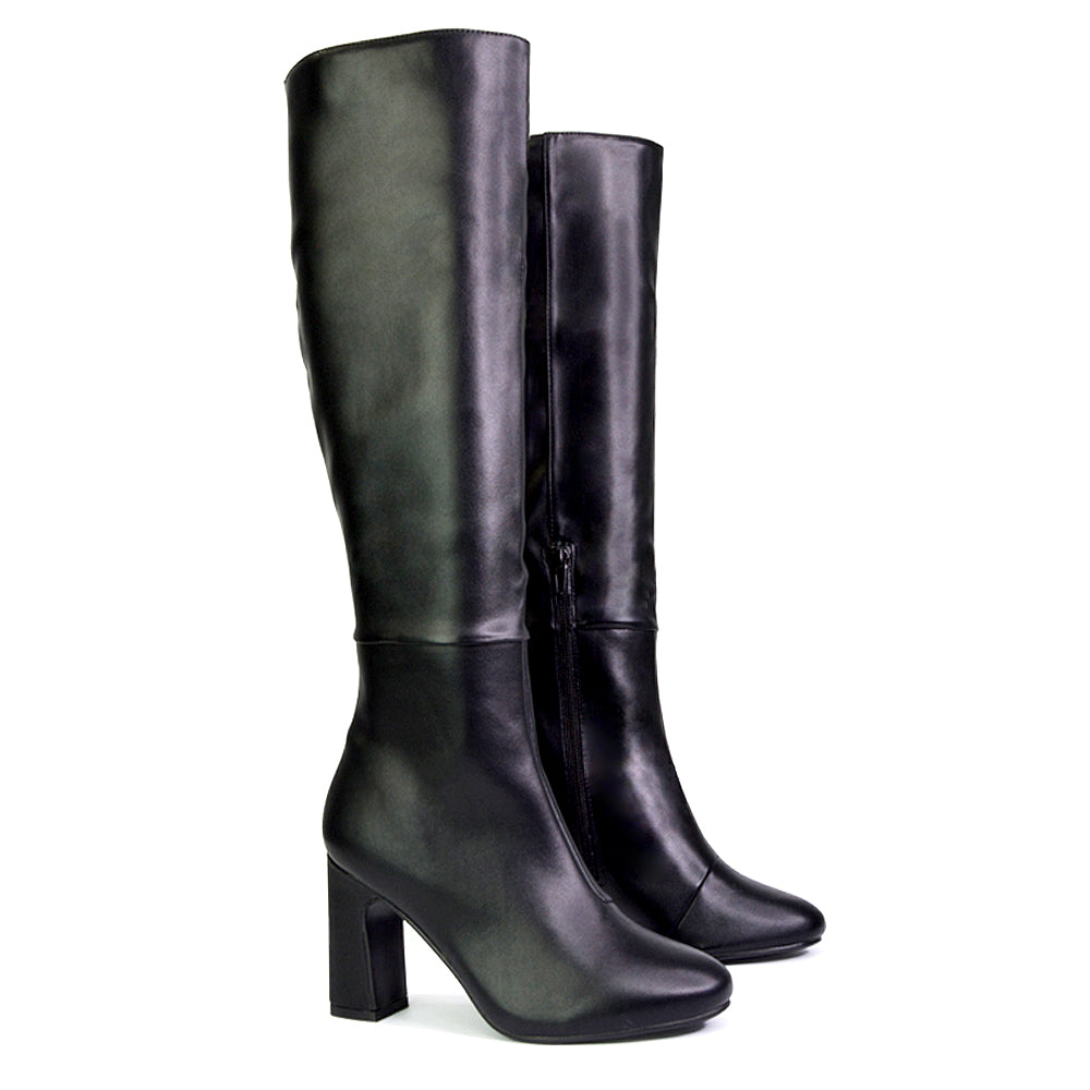 Lillia Winter Zip-up Long Block High Heel Knee High Boots in Black Faux Suede