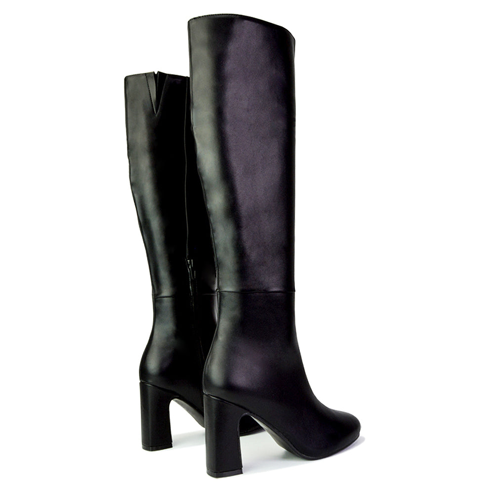 Lillia Winter Zip-up Long Block High Heel Knee High Boots in Black Faux Suede